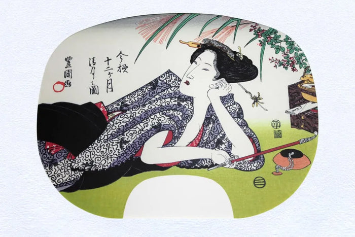 Version Ibasen d'une peinture d'éventail d'Utagawa Toyokuni I. Douze mois en style moderne n° 8 Seigetsu (huitième mois du calendrier lunaire).
