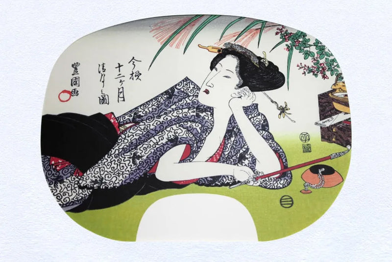Ibasen-Version eines Fächerbildes von Utagawa Toyokuni I. Zwölf Monate im modernen Stil Nr. 8 Seigetsu (achter Monat des Mondkalenders).