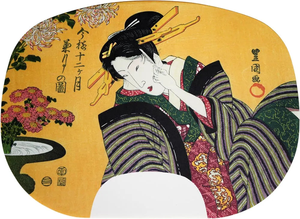 Ibasen-Druck Fächermalerei von Utagawa Toyokuni I. Zwölf Monate im modernen Stil Nr.9 Kiku-zuki (September im Mondkalender).