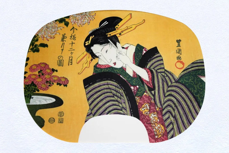 Ibasen-Druck Fächermalerei von Utagawa Toyokuni I. Zwölf Monate im modernen Stil Nr.9 Kiku-zuki (September im Mondkalender).